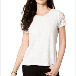 Tommy Hilfiger White Lace Short Sleeve Blouse Gold Zipper Detail (M)‎